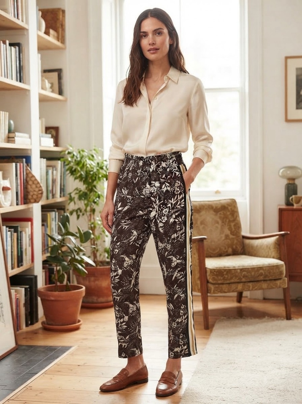 Scotch & Soda - Tailored Floral Stripe-Trim Trousers - Cream/Black